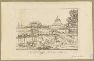 Das Wilsche Tor (Wilsdruffer Tor) an Stelle des heutigen Postplatzes in Dresden vor seiner Beseitigung 1811, Blick nach Osten, Radierung um 1820