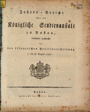 Jahresbericht der K. Studienanstalt in Passau für das Studienjahr .... 1821/22 (1822)