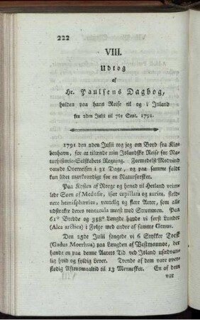 VIII. Udtog af Paulsens Dagbog, holden, paa hans Reise til og i Island.