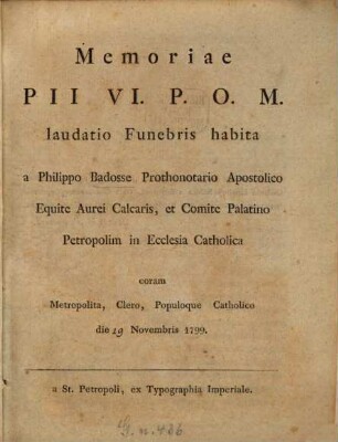 Memoriae Pii VI. P. O. M. laudatio funebris