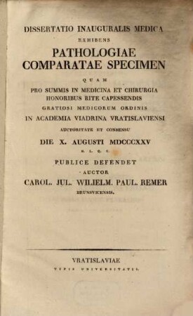 Diss. inaug. med., exhibens pathologiae comparatae specimen