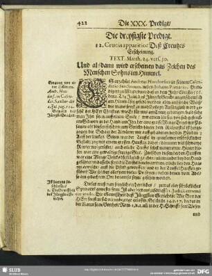 Die dreysigste Predigt. 12. Crucis apparitio: Deß Creutzes Erscheinung. Text. Matth.24.vers.30