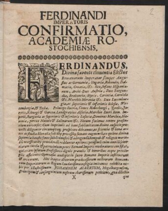 Ferdinandi Imperatoris Confirmatio, Academiæ Rostochiensis