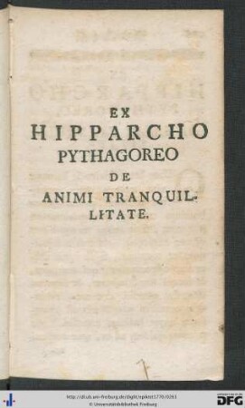 Ex Hipparcho Pythagoreo De Animi Tranquilitate.