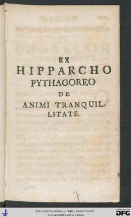 Ex Hipparcho Pythagoreo De Animi Tranquilitate.