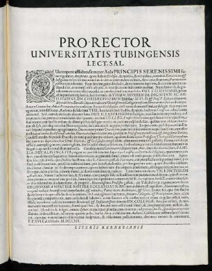 Pro-Rector Universitatis Tubingensis Lect. Sal. : Quantopere afflictata sit nuper Aula Principis Serenissimi ...