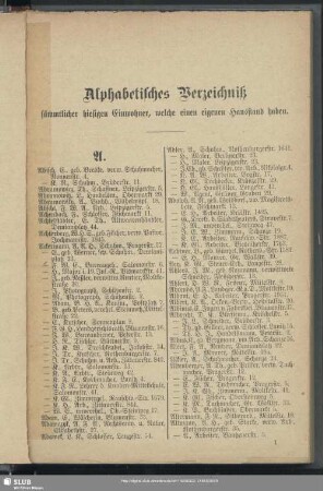 Einwohnerverzeichnis : Alphabetisches Verzeichniß sämmtlicher hiesigen Einwohner, welche einen eigenen Hausstand haben