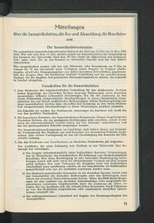 Mitteilungen über die Immatrikulation, die An- und Abmeldung, die Benefizien usw.