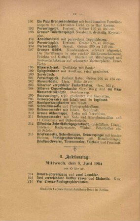 II. Auktionstag: Mittwoch, den 8. Juni 1904, von 10 Uhr ab