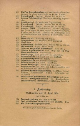 II. Auktionstag: Mittwoch, den 8. Juni 1904, von 10 Uhr ab