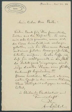 31. Mai 1888, Dresden [Brief von Alphons Stübel an Max Uhle]