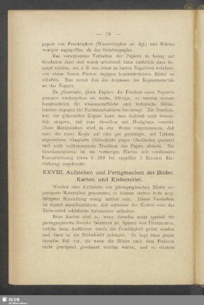 XXVIII. Aufziehen und Fertigmachen der Bilder. Karton und Klebemittel