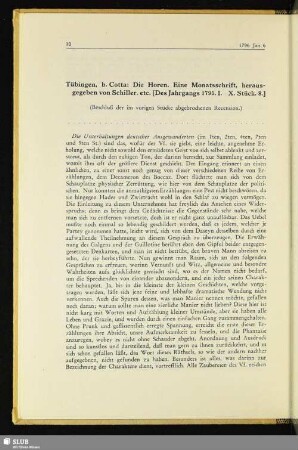 Tübingen, b. Cotta: Die Horen. Eine Monatsschrift, herausgegeben von Schiller. etc. [Des Jahrgangs 1795. I.-X. Stück. 8.] : [Allgemeine Literatur-Zeitung, Jena u. Leipzig, Num. 6, v. 1796 Januar 6]