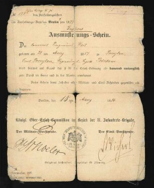 Ausmusterungsschein für Siegmund Weil, Duplikat 1886