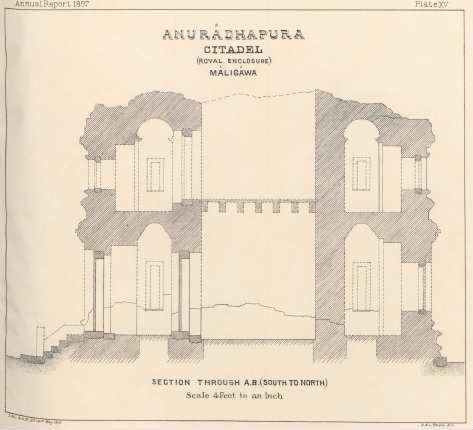 Plate XV. Anurâdhapura. Citadel (Royal Enclosure). Mâligâwa. Section through A.B. (South to North)