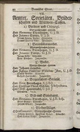VII. Aemter, Societäten, Brüderschaften und Wittwen-Cassen.