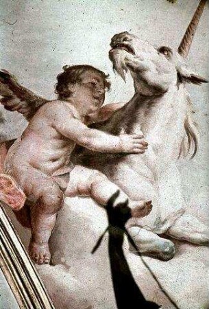 Pendentif über der Temperantia-Statue: Putti mit Einhorn und Trinkgefäß