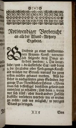 Nothwendiger Vorbericht an alle der Wund-Artzney Ergebene.