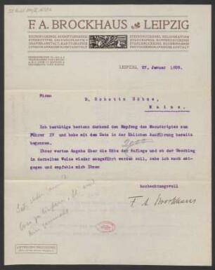 Brief an B. Schott's Söhne : 27.01.1909