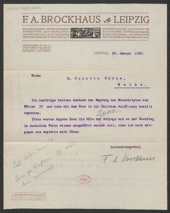 Brief an B. Schott's Söhne : 27.01.1909