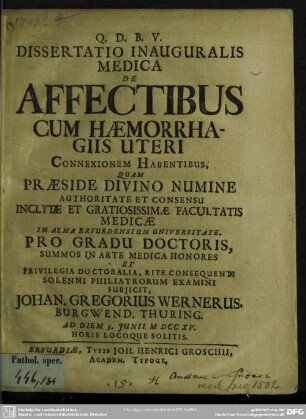 Dissertatio Inaugurales Medica De Affectibus Cum Haemorrhagiis Uteri Connexionem Habentibus