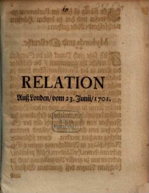Relation Auß Londen, vom 23. Junii, 1701.