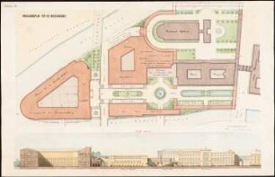 Bebauungsplan für die Museumsinsel, Berlin 4. Entwurf: Lageplan, Ansicht vom Kupfergraben aus, Schnitt durch die Gemäldegalerie