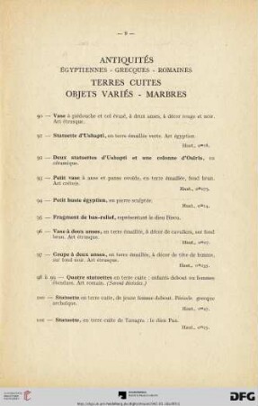 Antiquités égyptiennes - grecques - romaines - Terres cuites - Objets variés - Marbres (Nr. 90-117)