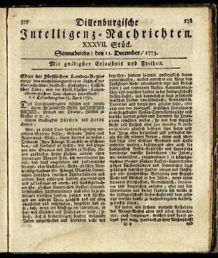 XXXVII. Stück. Sonnabends: den 11. December / 1773.