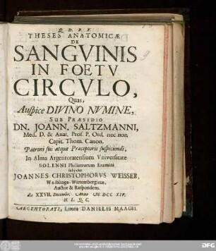 Theses Anatomicæ De Sangvinis In Foetv Circvlo