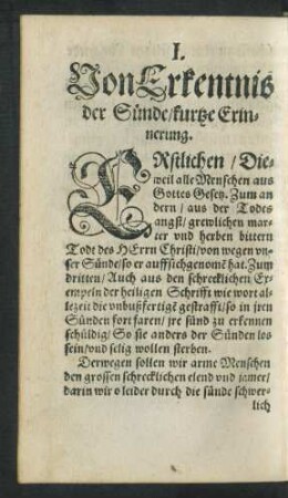 I. Von Erkentnis der Sünde/ kurtze Erinnerung.