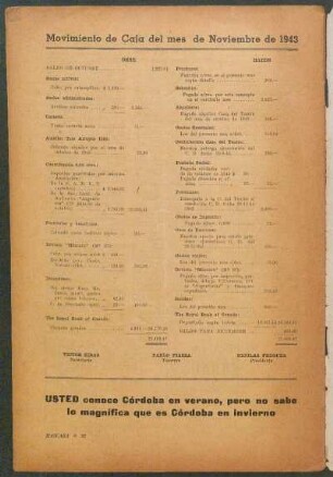 Movimiento de Caja del mes de Noviembre de 1943