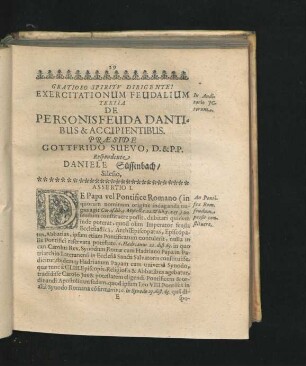 Exercitationum Feudalium Tertia De Personis Feuda Dantibus & Accipientibus. Respondente Daniele Güssenbach.