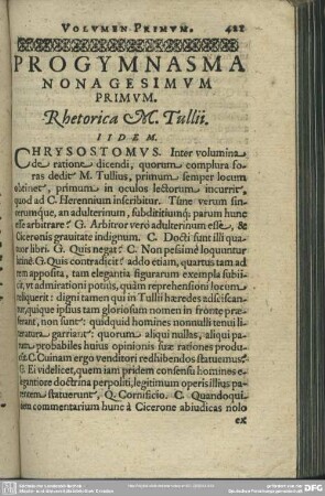 Progymnasma Nonagesimum Primum. Rhetorica M. Tullii
