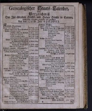 Genealogischer Staats-Calender, Oder Verzeichniß Der Itzt-lebenden Höchst- und Hohen Häuser in Europa ..