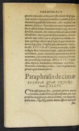 Paraphrasis decimae Eclogae Quae Inscribitur Gallus.