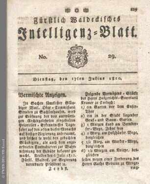 No. 29, Dienstag, den 17ten Julius 1810