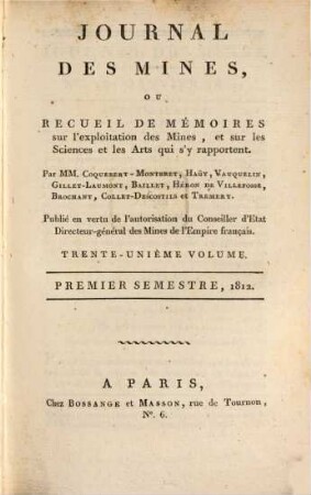 Journal des mines : ou recueil de mémoires sur l'exploitation des mines et sur les sciences et les arts qui s'y rapportent. 31 = No. 181 - 186. 1812