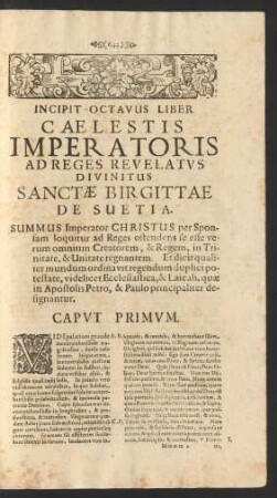 Incipit Octavus Liber Caelestis Imperatoris Ad Reges Revelatus Divinitus Sanctae Birgittae De Suetia.