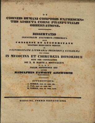 De corneis humani corporis excrescentiis, adiecta cornu praeputialis observatione : Dissertatio inauguralis anatomico-chirurgica