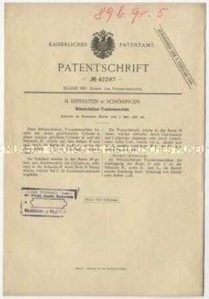 Patentschrift einer Rübenschnitzel-Trockenmaschine, Patent-Nr. 42297