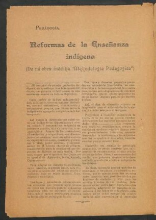 Reformas de la Enseñanza indígena : Pedagogía. (De mi obra inédita "Metodología Pedagógica")