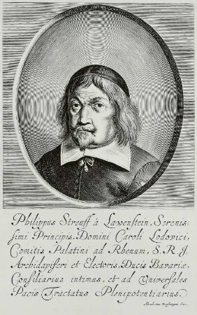 Philipp Streiff (Streuff) von Lauenstein (um 1600/1648, Pfälzer Geheimer Rat, Gesandter in Münster). Kupferstich nach Vorlage von M. Merian d. J. (1645); 216 x 133 mm. Dresden: Kupferstich-Kabinett B 1511,1. Singer 88212