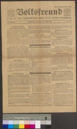 Ausgabe des Braunschweiger Volksfreundes vom 18. März 1920 zur Beendigung des Putsches (Kapp-Lüttwitz-Putsch) in Berlin und Aufruf der Streikleitung in Braunschweig zu drei großen Volksversammlungen