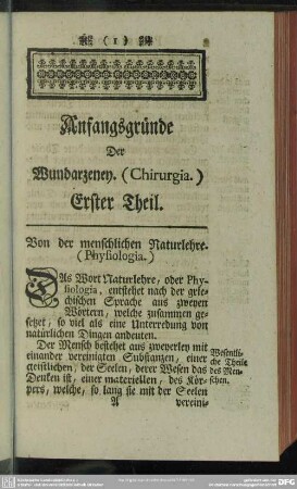 Erster Theil. Von der menschlichen Naturlehre. (Physiologia.)