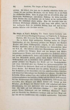 84-85 [Rezension] Machen, John Gresham, The origin of Paul's religion