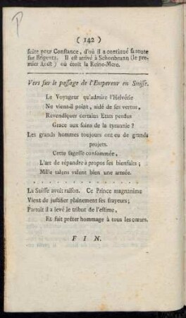 Vers sur le passage de l'Empereur en Suisse