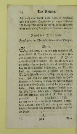Fünftes Gespräch. Fortsetzung der Multiplication mit der Division