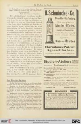 Todesfälle / Gedenktage / Aus Künstler-Vereinen / Aus Kunstvereinen / Vom Kunsthandel / Aus Galerien und Museen / Auktionen / Vermischtes / Literatur-Umschau / Briefkasten der Schriftleitung / Werbung