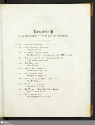 Verzeichniß der zur Monographie des Rinds gehörigen Kupfertafeln